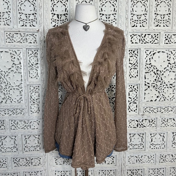 Anthropologie Ryu Tan Lace Boho Coquette Lace Tie Front Open Cardigan Sz Small - Picture 1 of 9
